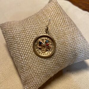 Vintage 14K Yellow Gold Happy Birthday Flower Basket Charm Pendant 4 Gemstones